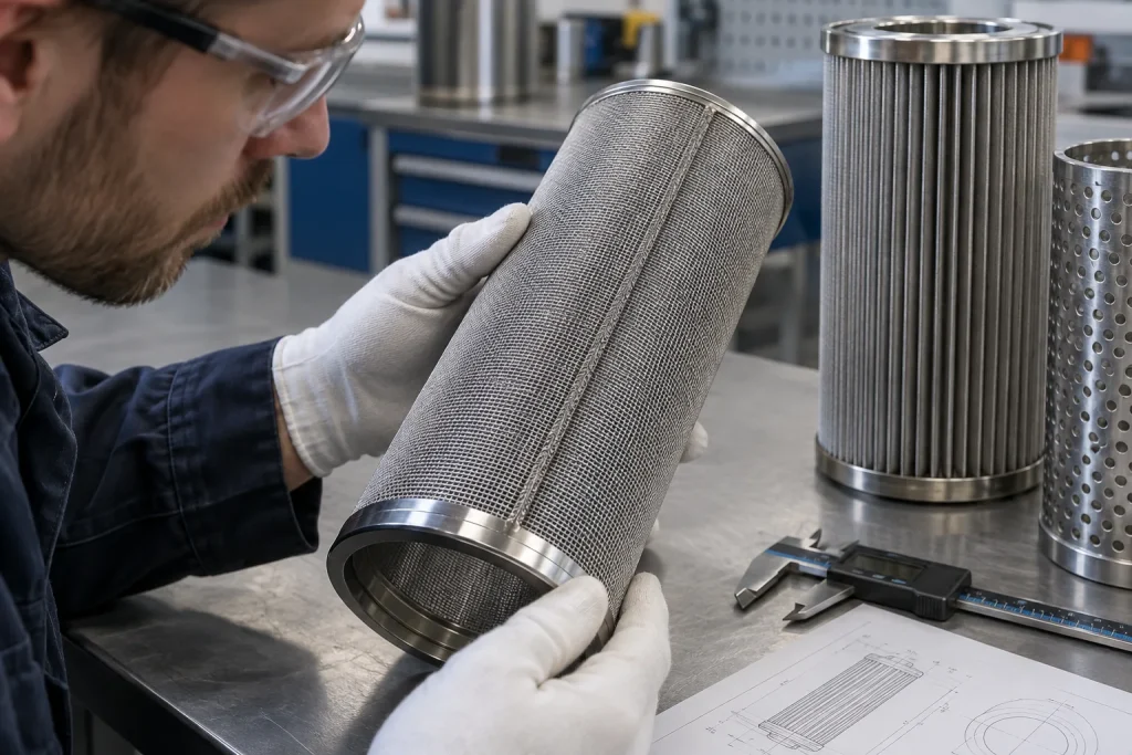 Inspector examining the seam and end ring of a wire mesh filter cartridge